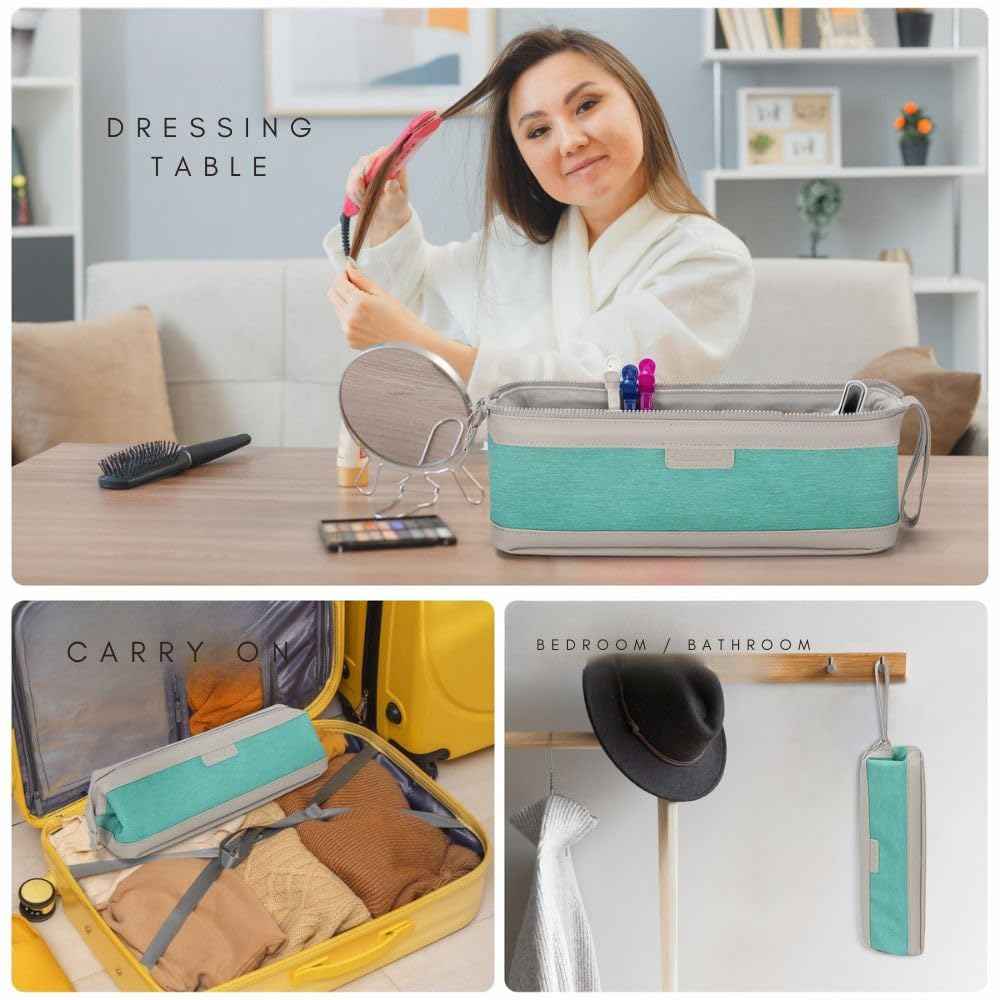 ‍Hair Tool Travel Bag with Heat Resistant Mat – Travel Case for Curling Iron, Straightener, Dy son Air wrap, Shark FlexStyle – Waterproof Organizer with Silicone Bottles