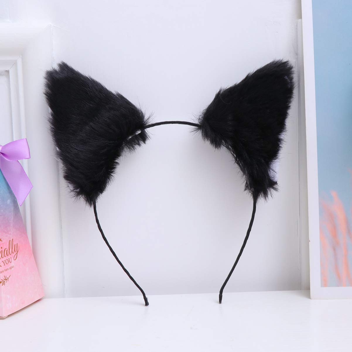 Lurrose Cat Fox Long Fur Ears Headband Cosplay Party Costume Hairbands Cut Plush Hair Hoop Headdress for Women Girls Black