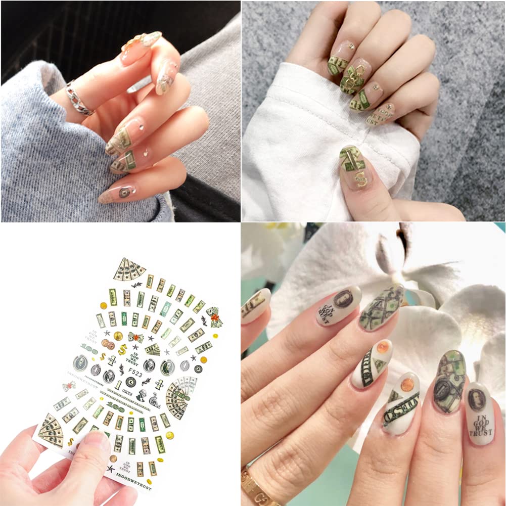 12 Sheets Money Dollar Nail Art Stickers 3D Gold Nail Art Supplies 100 Dollar Sign Self Adhesive Nail Decals DIY Designs Fashion Luxury Designer Nail Sticker Manicure Foil Nail Decorations Accessories