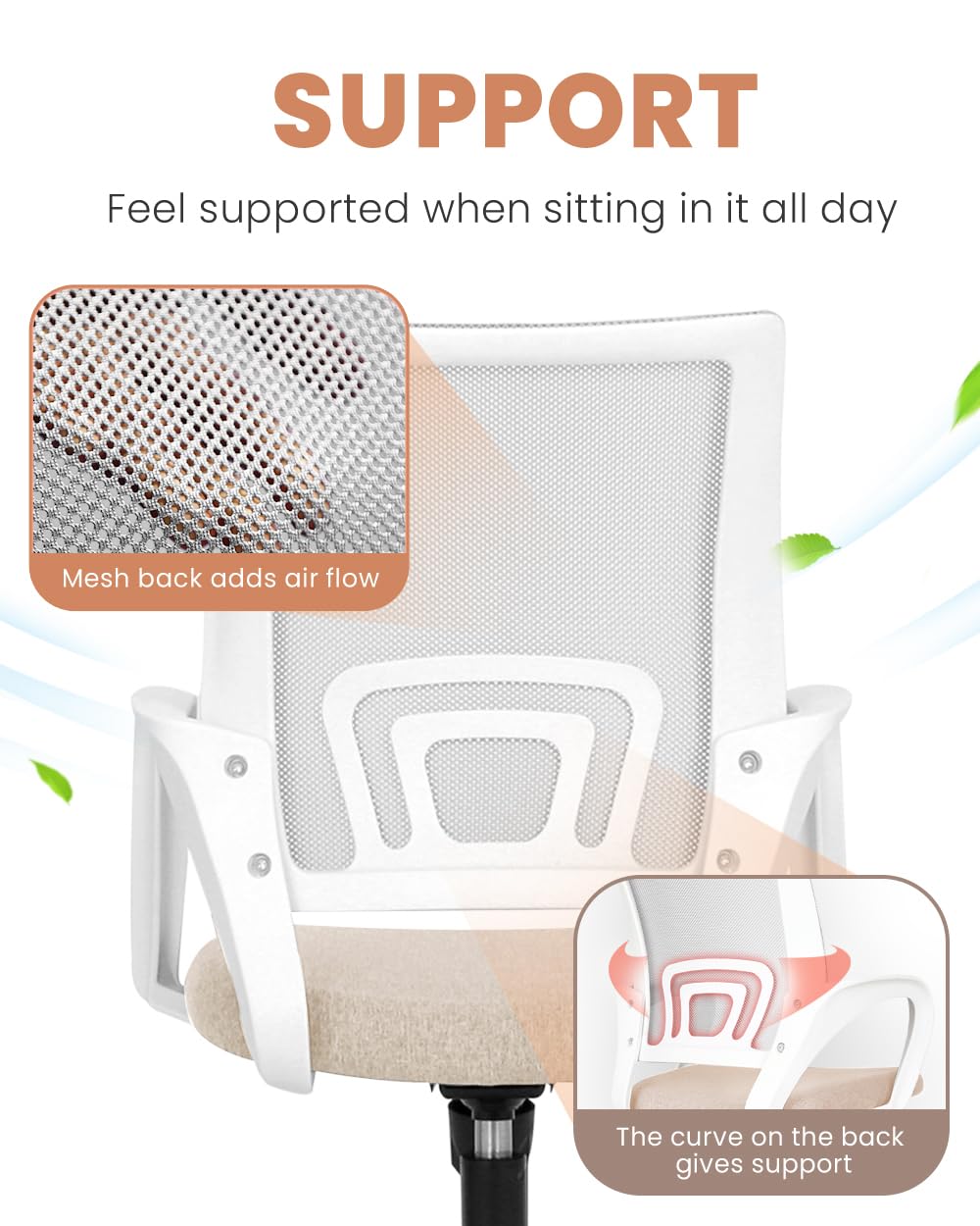 NEO CHAIR Office Chair Computer Desk Chair Gaming - Ergonomic Mid Back Cushion Lumbar Support with Wheels Comfortable Mesh Racing Seat Adjustable Swivel Rolling Home Executive (Beige)