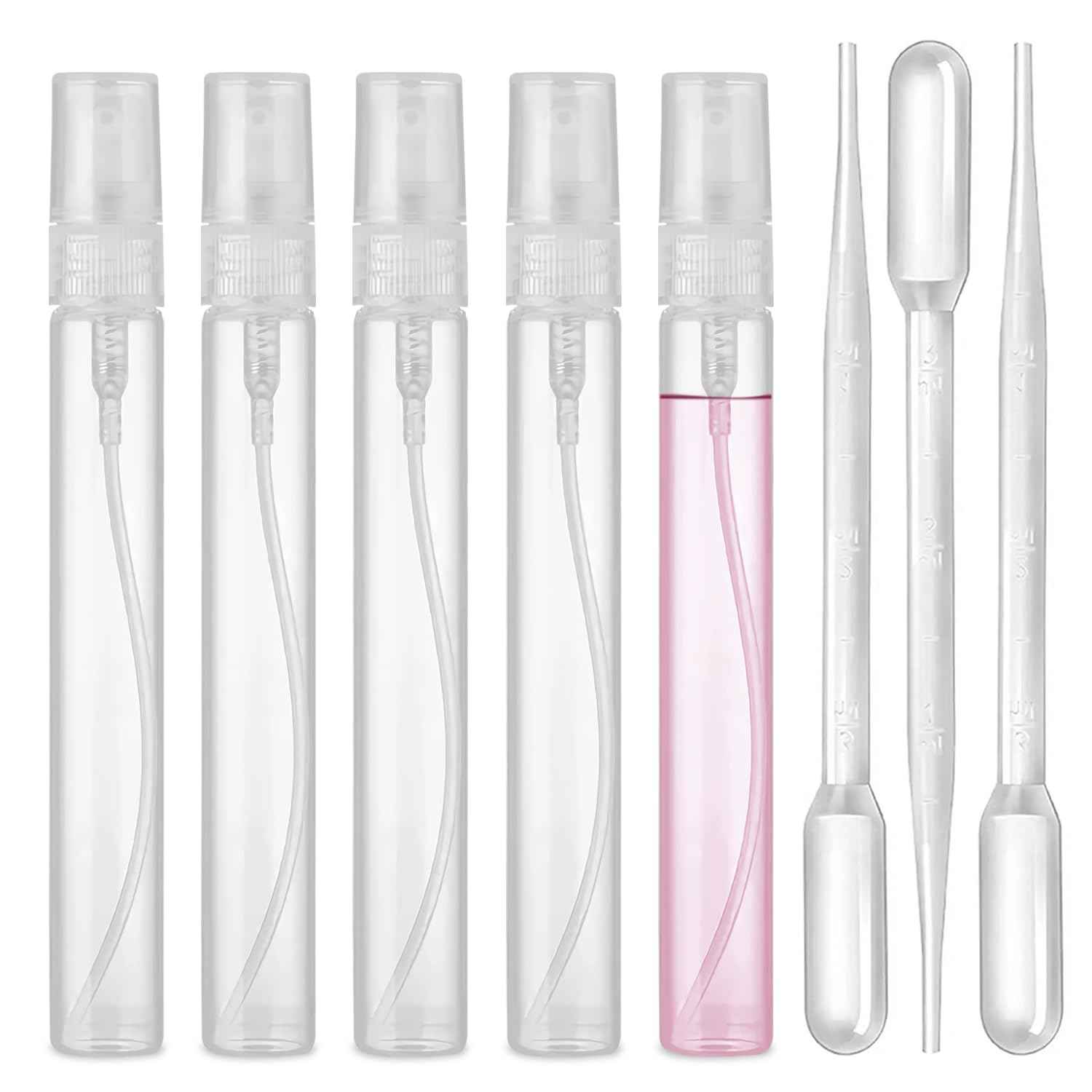 uadbau Mini Spray Bottle, 5 Pcs 10ml Perfume Bottle Empty with 3 Pcs Transfer Pipettes, Fine Mist Refillable Perfume Atomizer, Small Empty Sample Containers, Plastic Portable Travel Bottle - Clear
