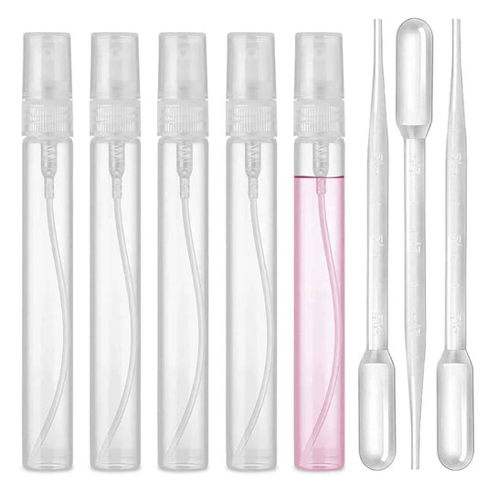 uadbau Mini Spray Bottle, 5 Pcs 10ml Perfume Bottle Empty with 3 Pcs Transfer Pipettes, Fine Mist Refillable Perfume Atomizer, Small Empty Sample Containers, Plastic Portable Travel Bottle - Clear