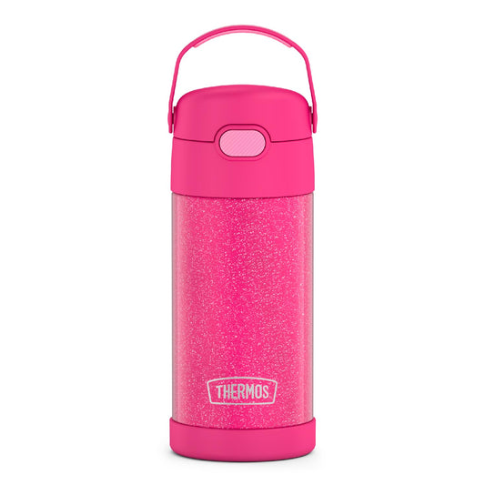 THERMOS FUNTAINER Water Bottle with Straw - 12 Ounce, Pink Glitter - Kids Stainless Steel Vacuum Insulated Water Bottle with Lid