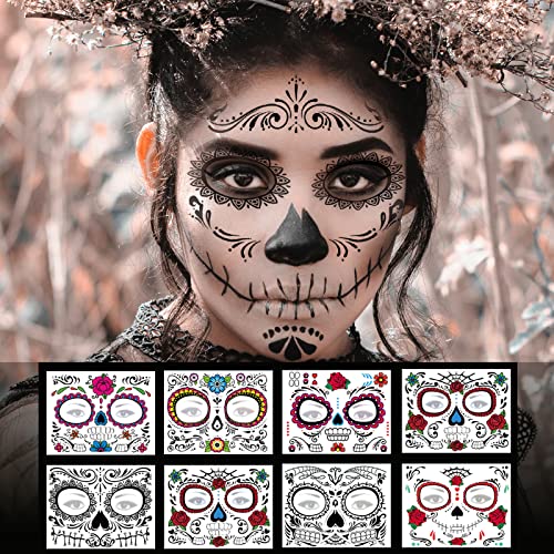 Day of the Dead Face Tattoos - 8 Sheet Sugar Skull Temporary Tattoo Kit