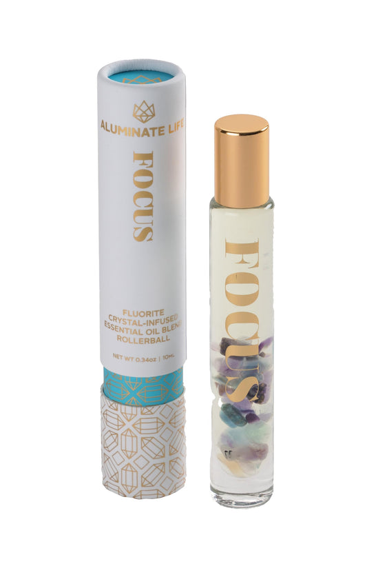 Aluminate Life Essential Oil Rollerballs, .34 OZ, Focus - Fluorite Crystal Infused - Scents of Orange, Ginger, Ylang-ylang, & Lavender - Aromatherapy Roll On Oils, Skin Care, Massage