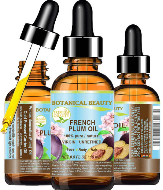 PLUM OIL French. 100% Pure Natural Virgin Unrefined Undiluted Cold Pressed Carrier Oil. For Face, Skin, Hair, Body, Lips, Nails (0.5 Fl.oz - 15 ml.) by Botanical Beauty