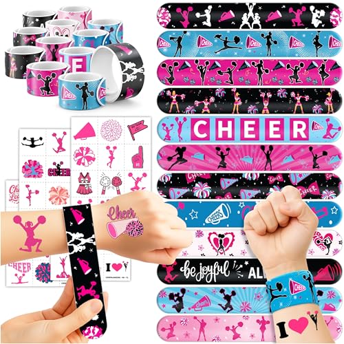 72PCS Cheerleading Party Set 48PCS Pre-cut Temporary Tattoos & 24PCS Slap Bracelets Perfect for Cheerleader Birthday Parties, Baby Showers, Classroom Rewards & Team Spirit Gifts for Girls & Boys