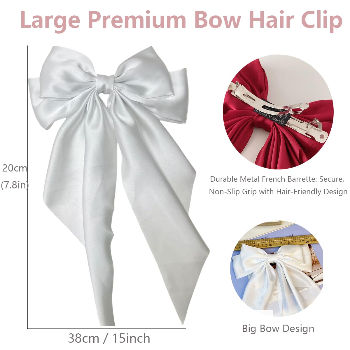 Big Hair Bow Barrettes, Long Tail Hair Bows 2PCS, Large Silky Satin Ribbon Clips for Women, Girls, Premium Metal Hair Bowknot Barrettes, Perfect for Party and Daily Hair Accessories (Black and White)