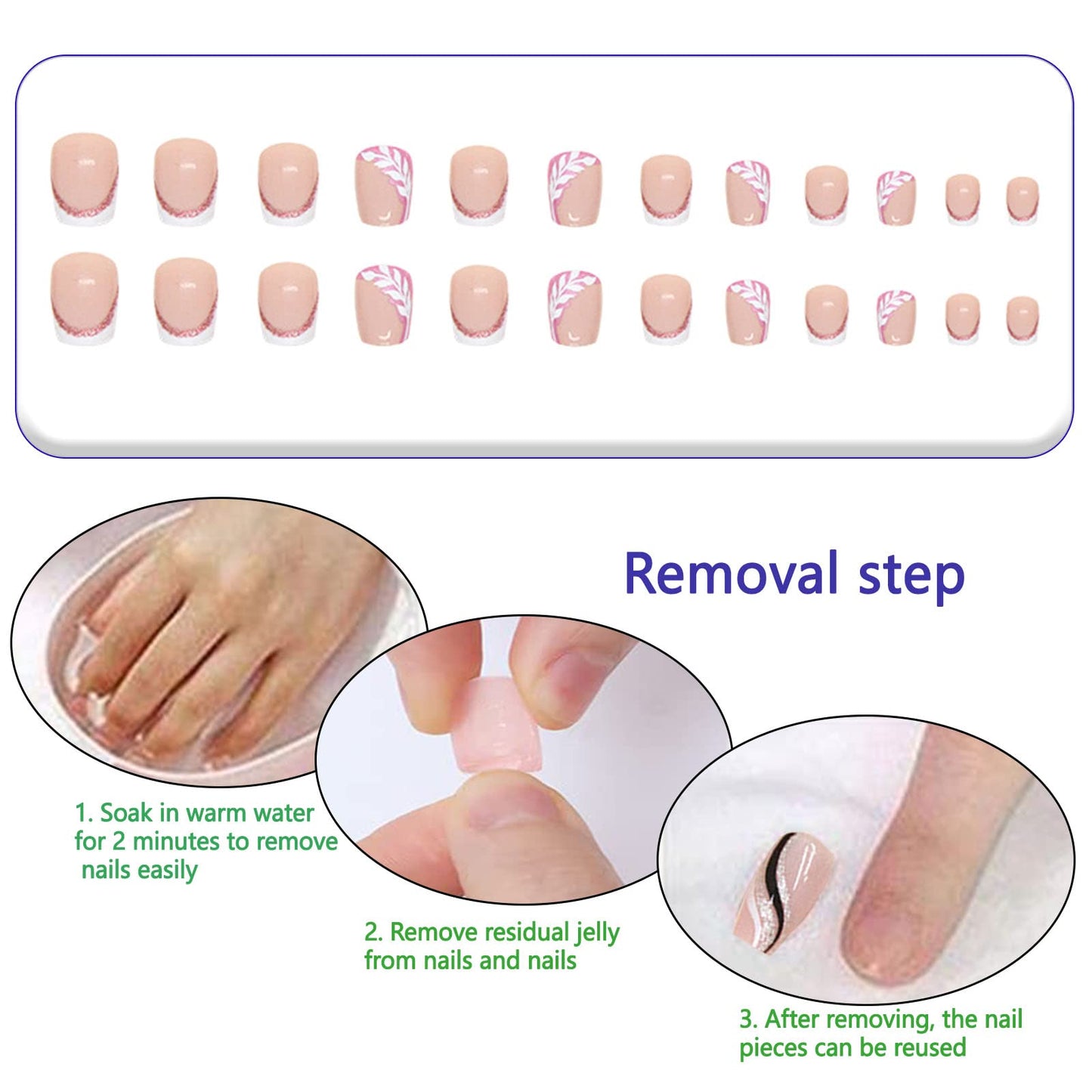 Short Press on Nails Square White French Tip Nails Acrylic False Nails with Glue Glitter and Leaves Design Artificial Fake Nails Reusable Gel Stick on Nails for Women