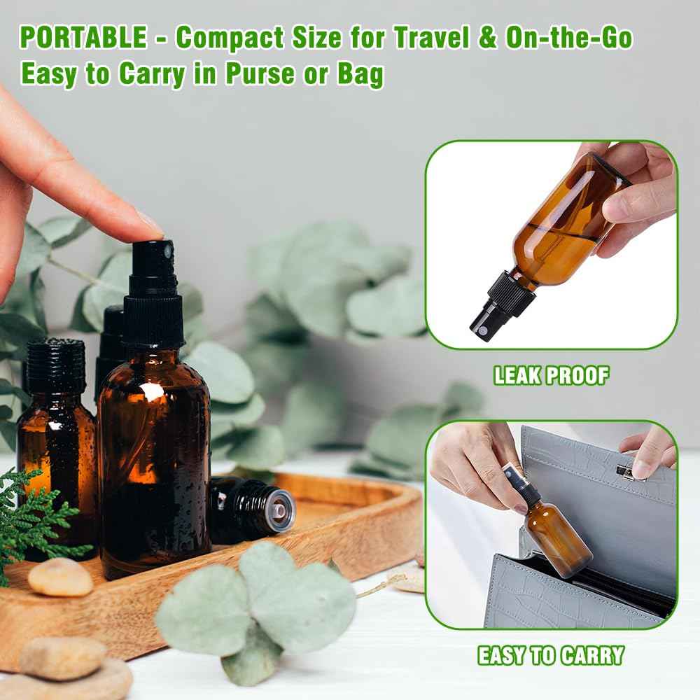 YUNFOOK 2oz Amber Glass Spray Bottles for Essential Oils, Hair, Skincare, Cleaning & Travel,2-Pack Small Empty Spray Bottle