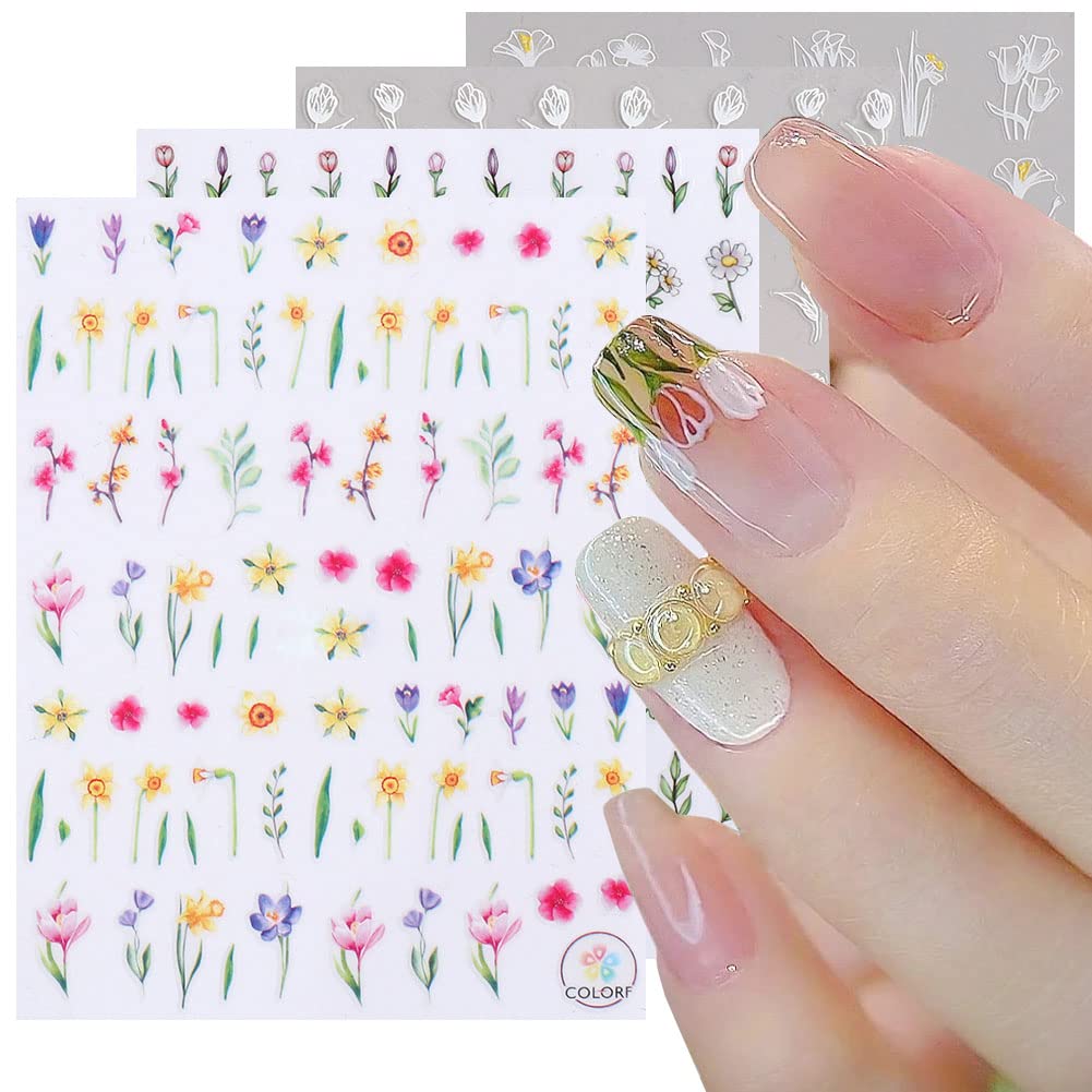 Flower Nail Art Stickers Decal,4 Sheets Tulip Nail Stickers for Nail Art,3D Elegant Spring Self-Adhesive Nail Supplies Flowers Floral Small Tulip Nail Designs for Women Girls Nail Art DIY Decorations