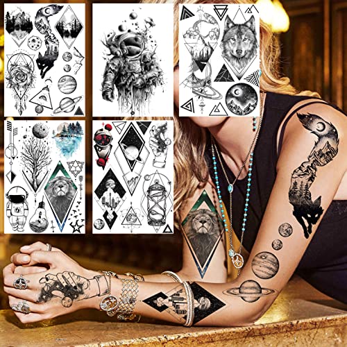33 Sheets Outer Space Temporary Tattoos for Kids Boys Girl Women Men Adults Children, Geometry Astronaut Universe Fake Tattoo Star Moon Solar Syetem