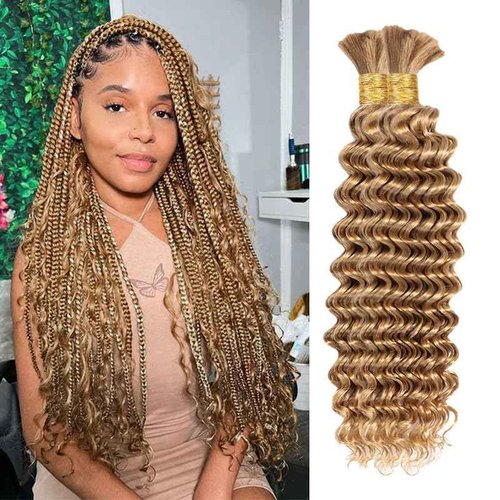Deep Wave Bulk Human Hair For Braiding 16 Inch 100g/2Bundles No Weft Human Braiding Hair Extensions For Braids Honey Blonde Deep Wave Curly Bulk Human Hair 12A Wet And Wavy Human Hair Braiding Hair