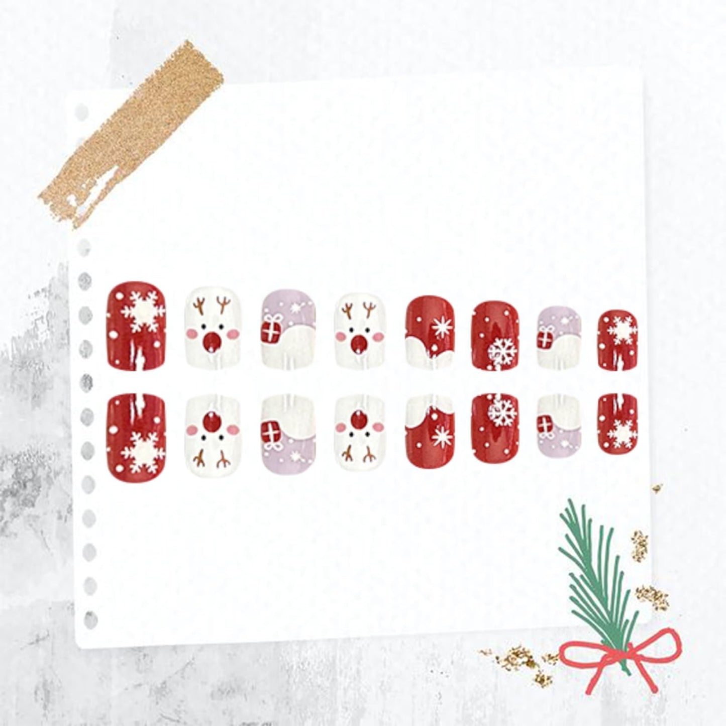 24PCS Christmas Nails Press on Short Red White French Tip Square Fake Nails with Snow White Elk Snowflake Design False Nails Full Cover Winter Xmas Stick on Nails for Women Girls Nail Art Decoration