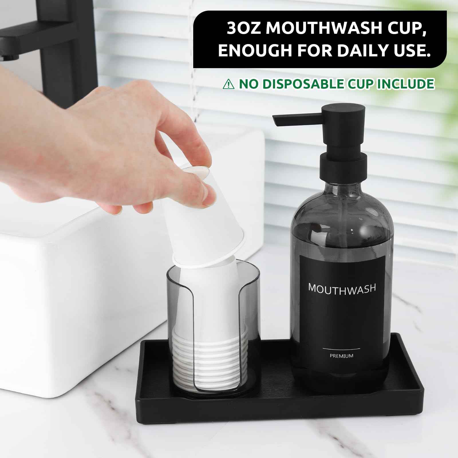 TOLDATLI Mouthwash Dispenser for Bathroom, Glass Mouth Wash Pump Dispenser with Cup Holder, 17 Fl Oz Mouthwash Bottle Decanter with Tray, Refillable Mouthwash Dispenser Container (Clear Black)