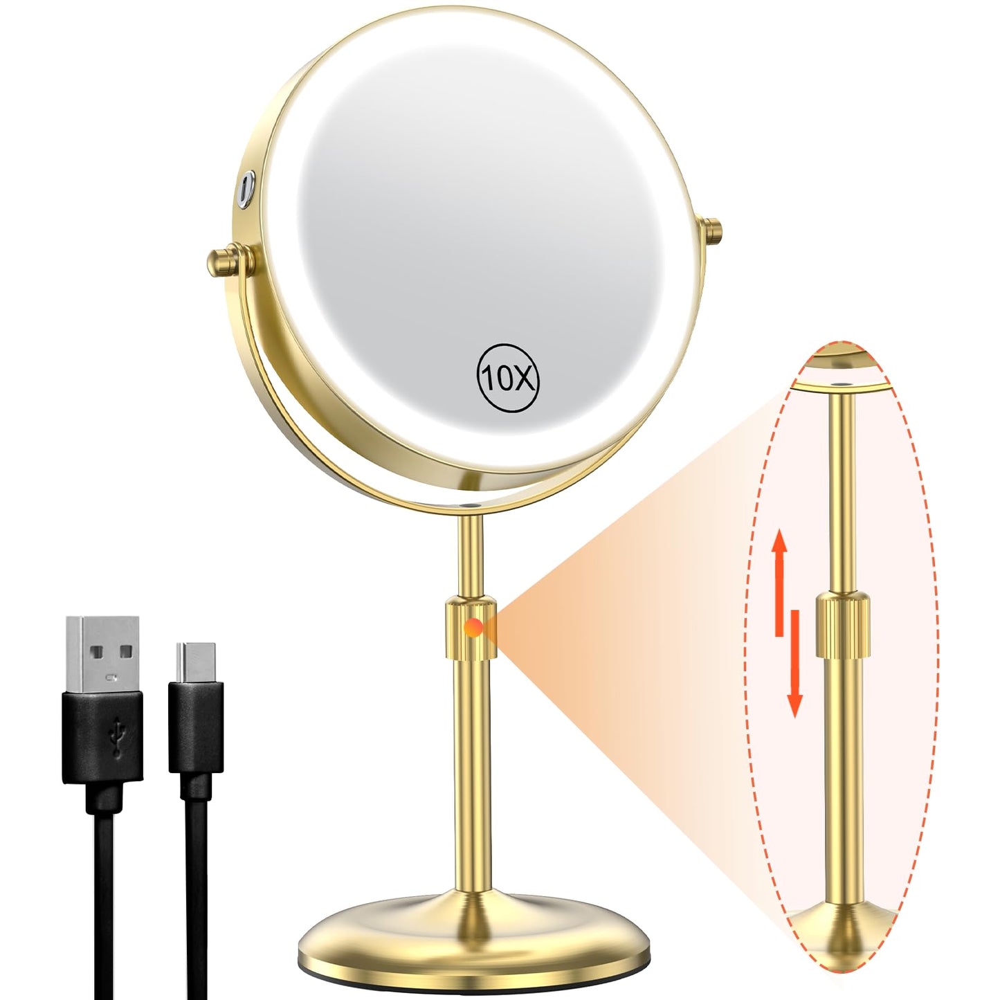 Benbilry Lighted Makeup Mirror with 3 Color Lights & 10X Magnification, Adjustable Brightness & Height, 7 Inch 360° Swivel Rechargeable LED Vanity Mirror, 10X Magnifying Mirror with Light, Gold