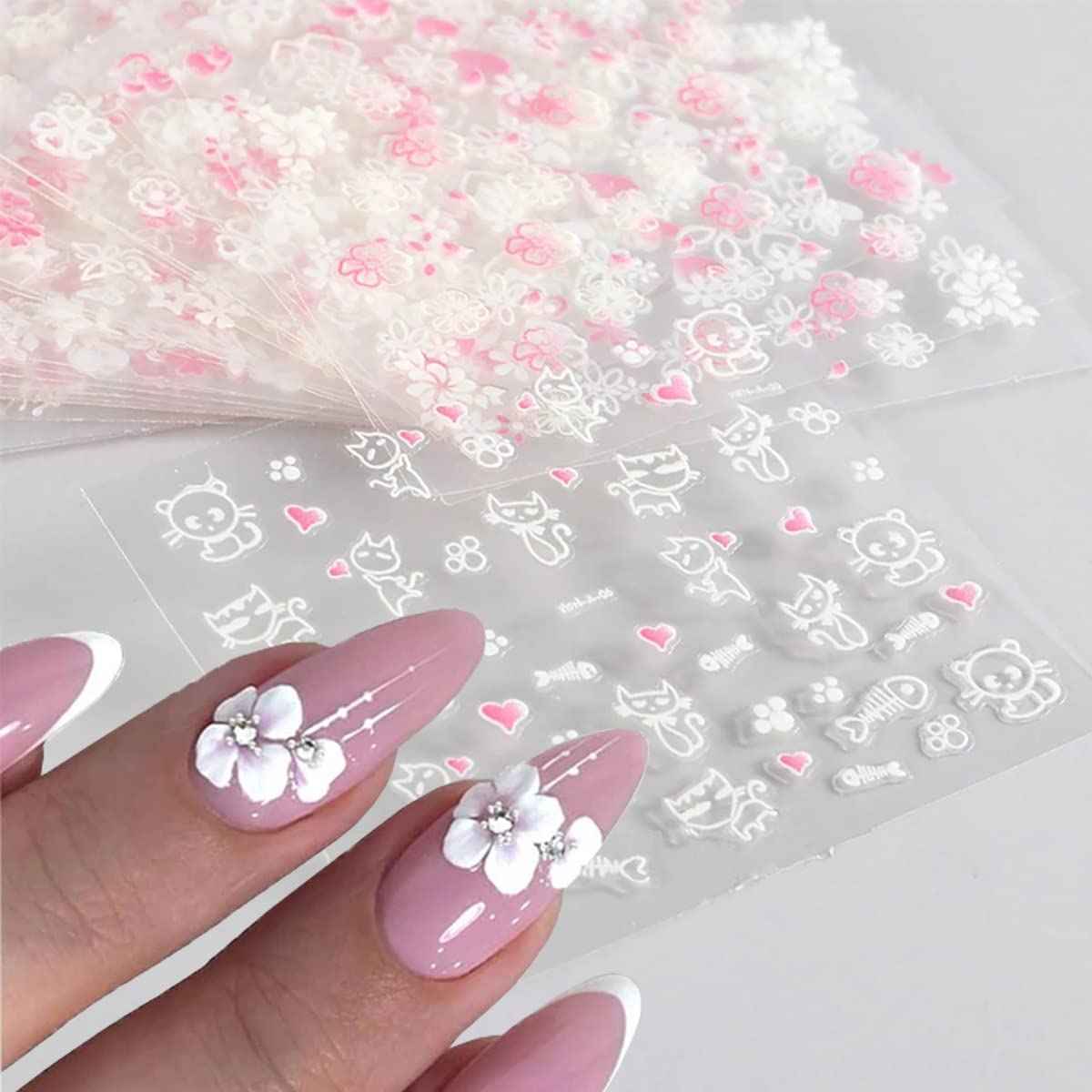 Flower Nail Art Stickers 3D Self Adhesive Pink White Nail Designs Nail Decals Nail Stickers Nail Art Supplies Pink Flower White Flower Nail Stickers for Nail Decorations Manicure Tips 30 Sheets
