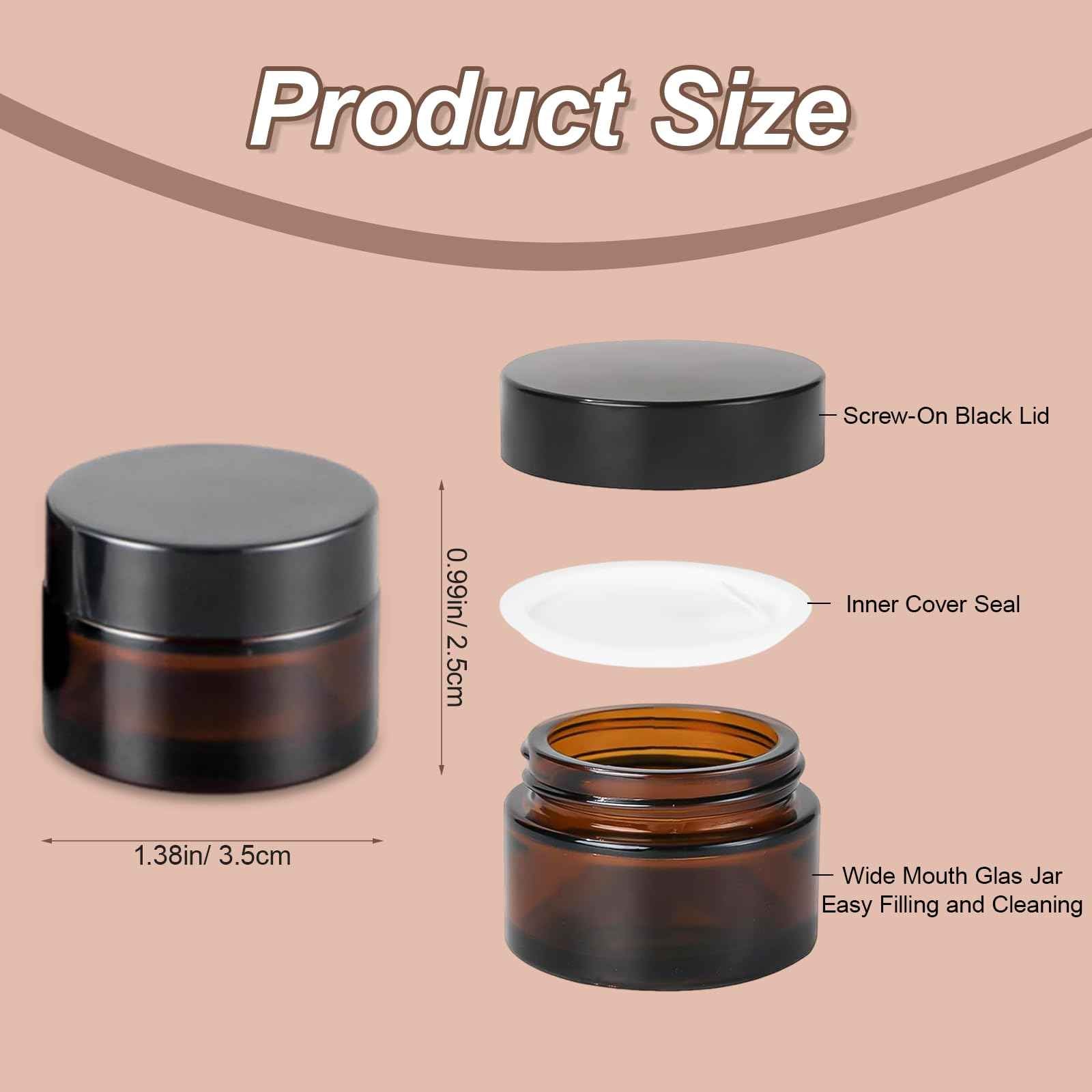 6Pack Amber Glass 5 ml 1/6 oz Small Thick Wall Round Jars Vials Pot Cosmetic Bottle Face Cream Containers With Black Lids For Lotion Make Up Nail Salve Ointment Sample Balm