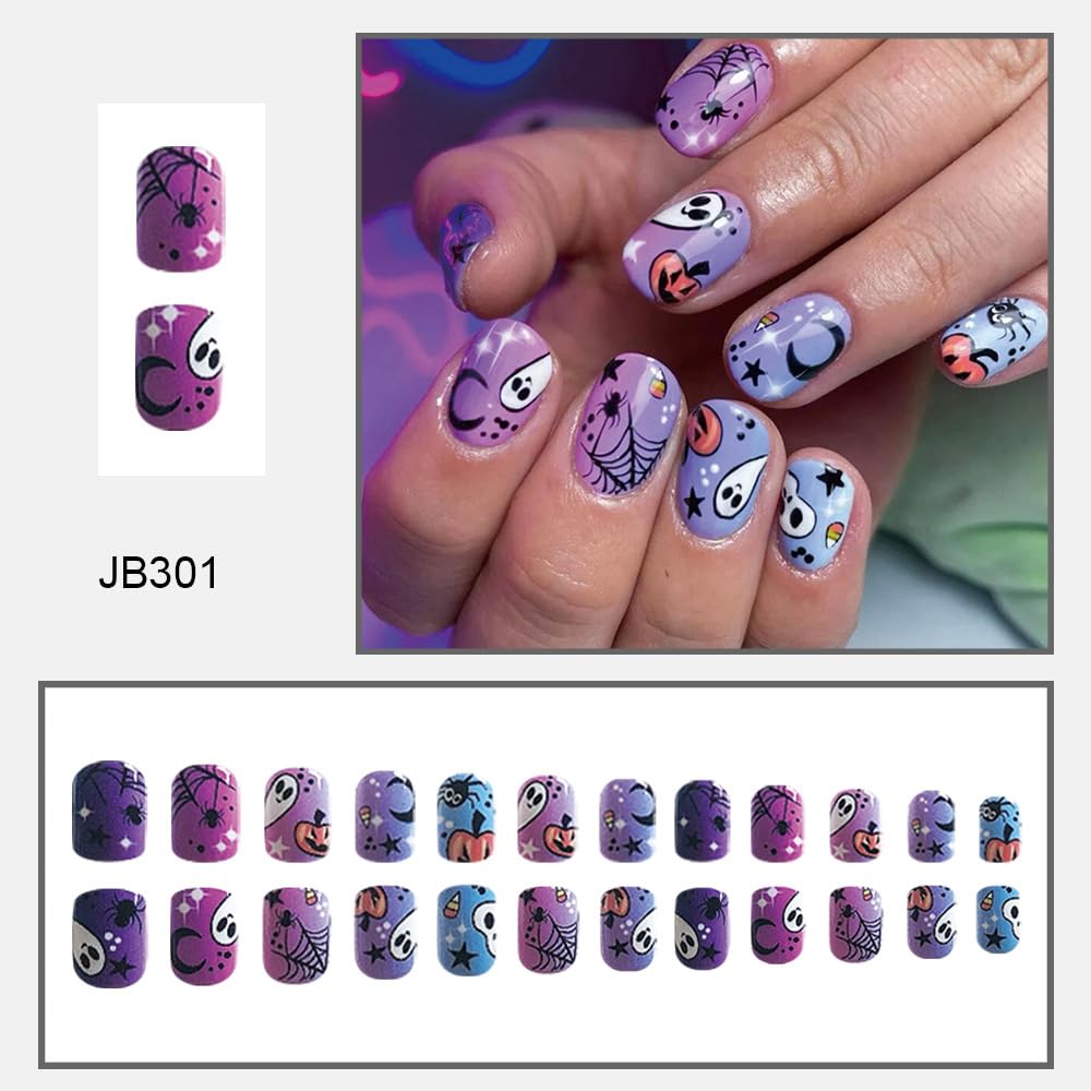 24Pcs Halloween Press on Nails Short Purple Square Fake Nails Full Cover Acrylic Nails Pumpkin Press on Nails with Star Moon Design Spider Ghost Halloween False Nails Glossy Stick on Nails for Women