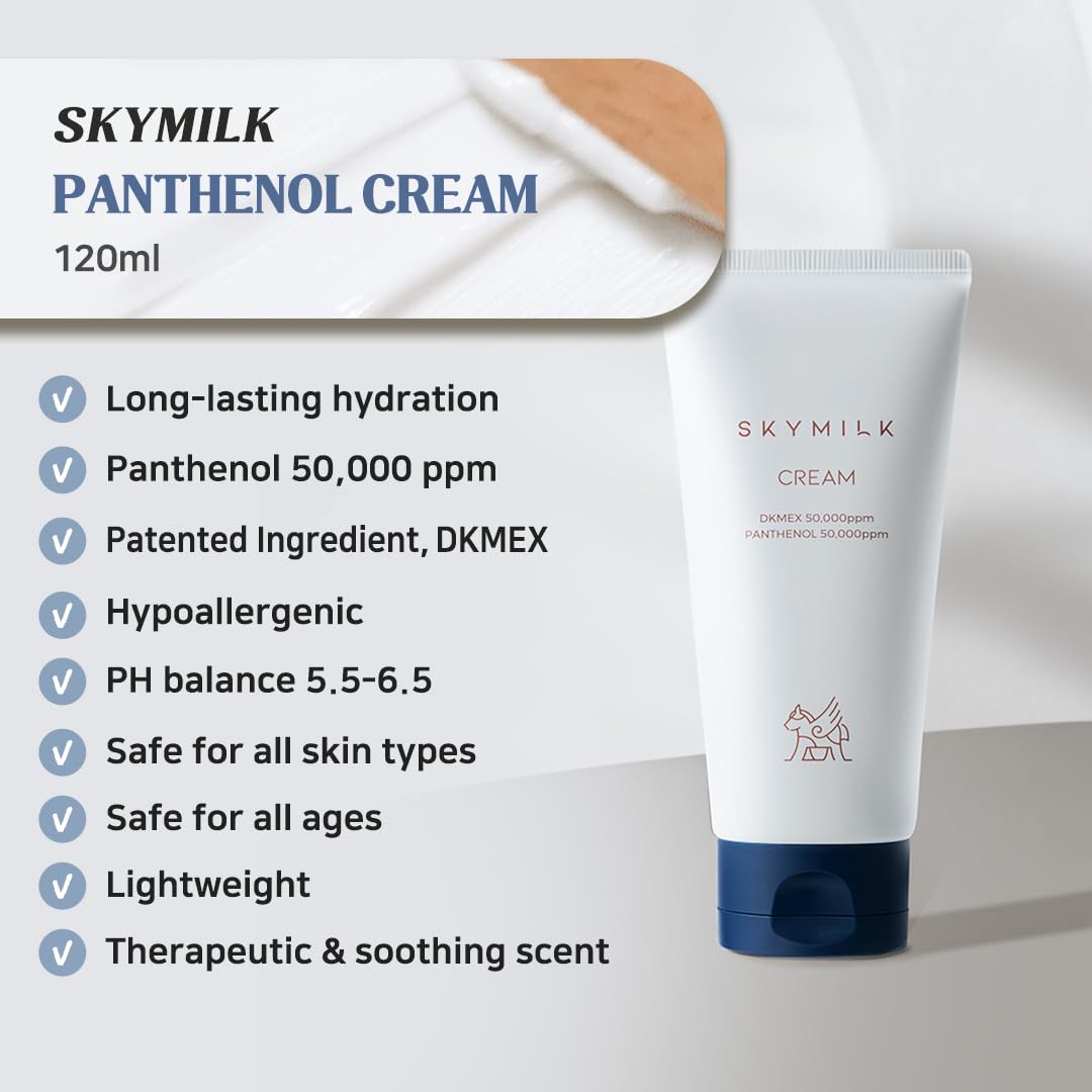 SKYMILK Panthenol Cream with Donkey Milk | 120 ml 4.05 Fl.Oz | Non-Sticky | Hypoallergenic | Deep Moisturization | Anti-Itch | Korean Skincare for Sensitive Skin