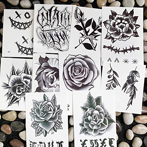 9 Sheet Black & Grey Rose Temporary Tattoos for Adults