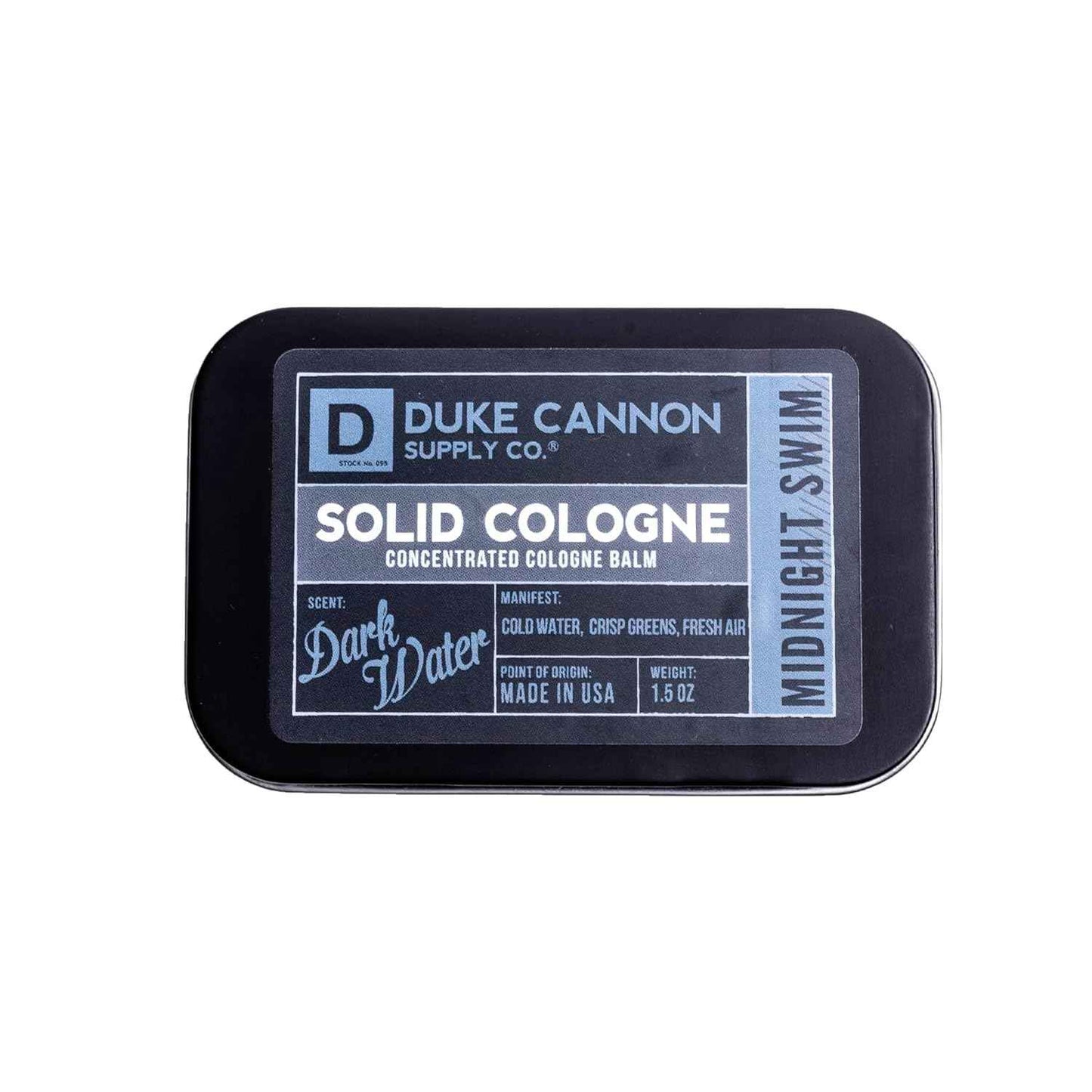 Duke Cannon Supply Co. Solid Cologne for Men Midnight Swim - Cold Water, Crisp Greens, Fresh Air - Concentrated Balm, Coconut Oil, Travel-Friendly Tin, 1.5 oz (1 unit)