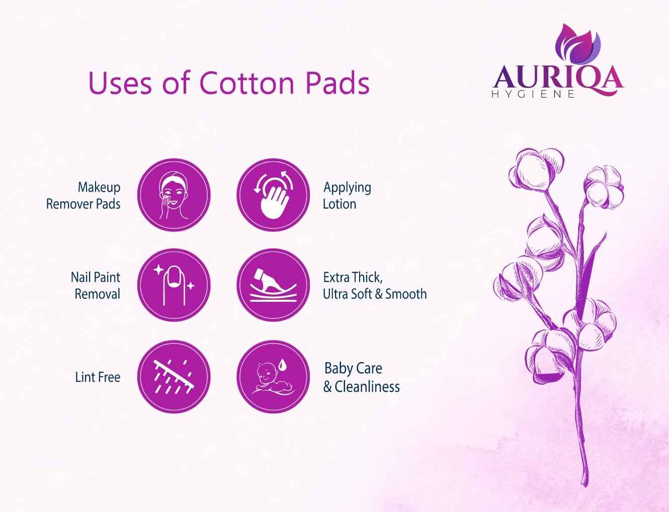 Auriqa Hygiene Premium Cotton Pads for Makeup Removal Round Pads - Pack of 6 - White Cotton, with Aloe Vera Extracts, Embossed, Double Sided, for Skin Cleaning (80 Each)