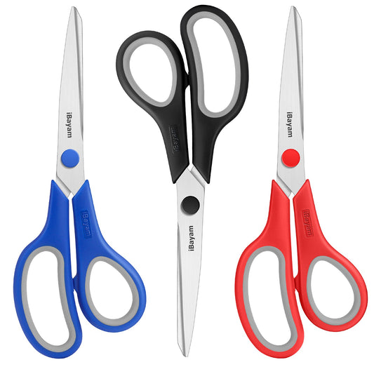 Scissors, iBayam 8" All Purpose Scissors Bulk 3-Pack, Ultra Sharp 2.5mm Thick Blade Shears Comfort-Grip Scissors for Office Desk Accessories Sewing Fabric Home Craft School Supplies, Right/Left Handed