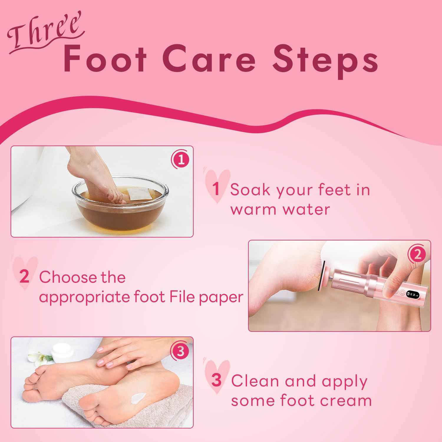 JINYAWA Electric Foot Callus Remover - 2-in-1 Rechargeable Cordless Foot File with LCD Display & 6 Speeds - Professional Foot Sander for Dead Skin, Thick Nails, Heels and Soles (Pink)