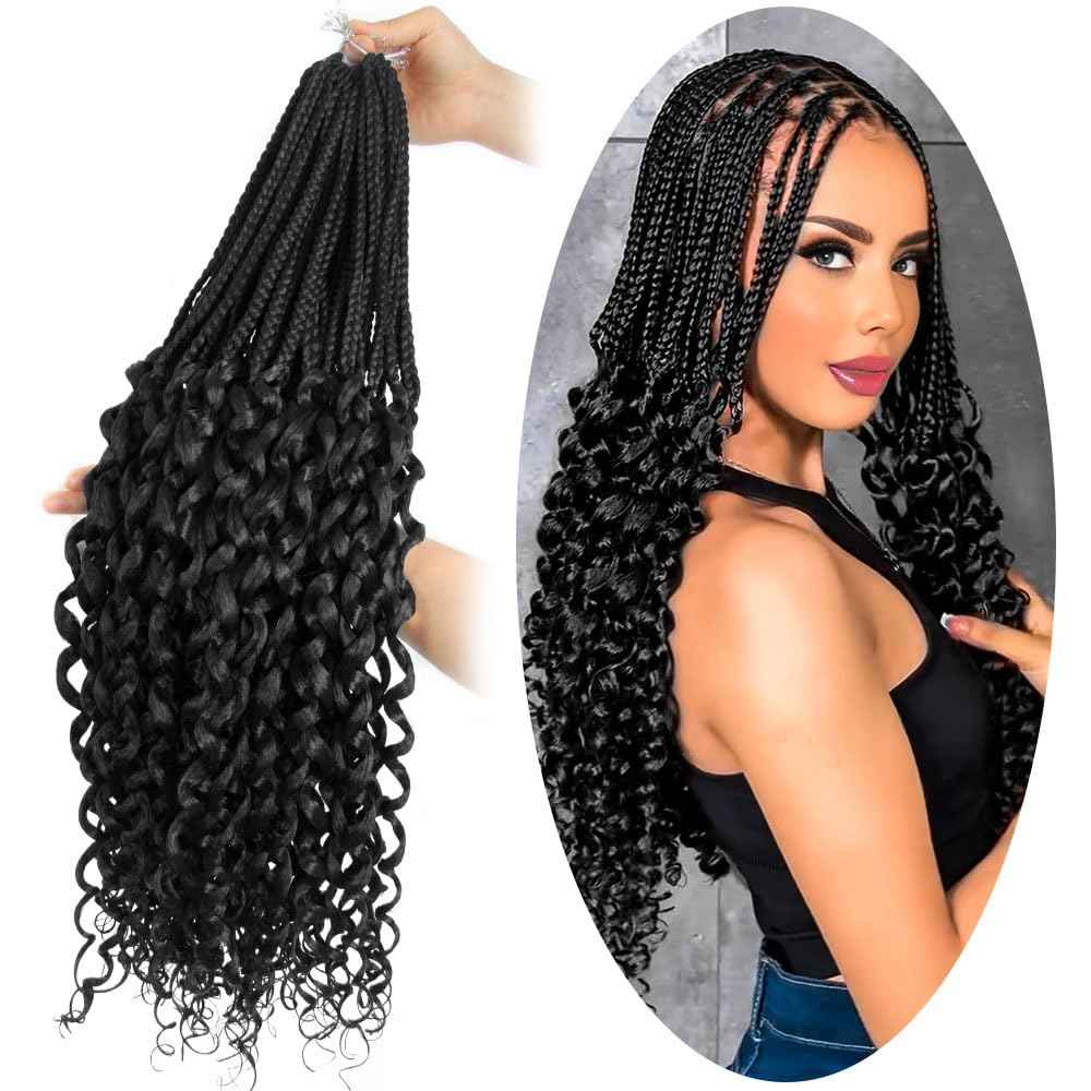 SECPOCPONY Long Boho Curl Box Braids Crochet Hair 30 Inch 8 Packs Pre looped French Curl Braiding Hair for Black Women Crochet Goddess Box Braid with Curly Ends (1B, Natural Black)