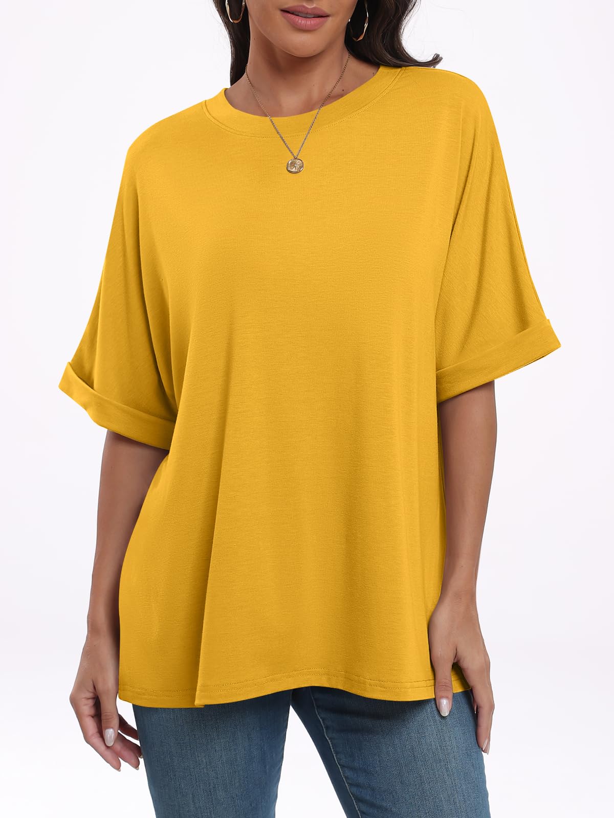 ANRABESS Women's Oversized T Shirts Short Sleeve Crewneck Summer Tops Casual Loose Basic Tee Shirts 2024 Trendy Clothes Yellow Medium