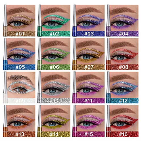 16 Colors Glitter Metallic Liquid Eyeliner Set Waterproof Long Lasting Eye Liner pencil Pigmented Shimmer Eye Makeup Gift Kit for Women Green Purple Blue Pink white Silver Gold Colored Eyeliners