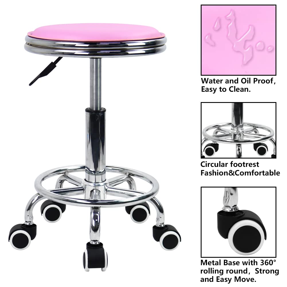 KKTONER Round Rolling Stool with Foot Rest PU Leather Height Adjustment Modern Industrial Metal Style Swivel Spa Salon Tattoo Work Massage Stools Small (Purple Pink)