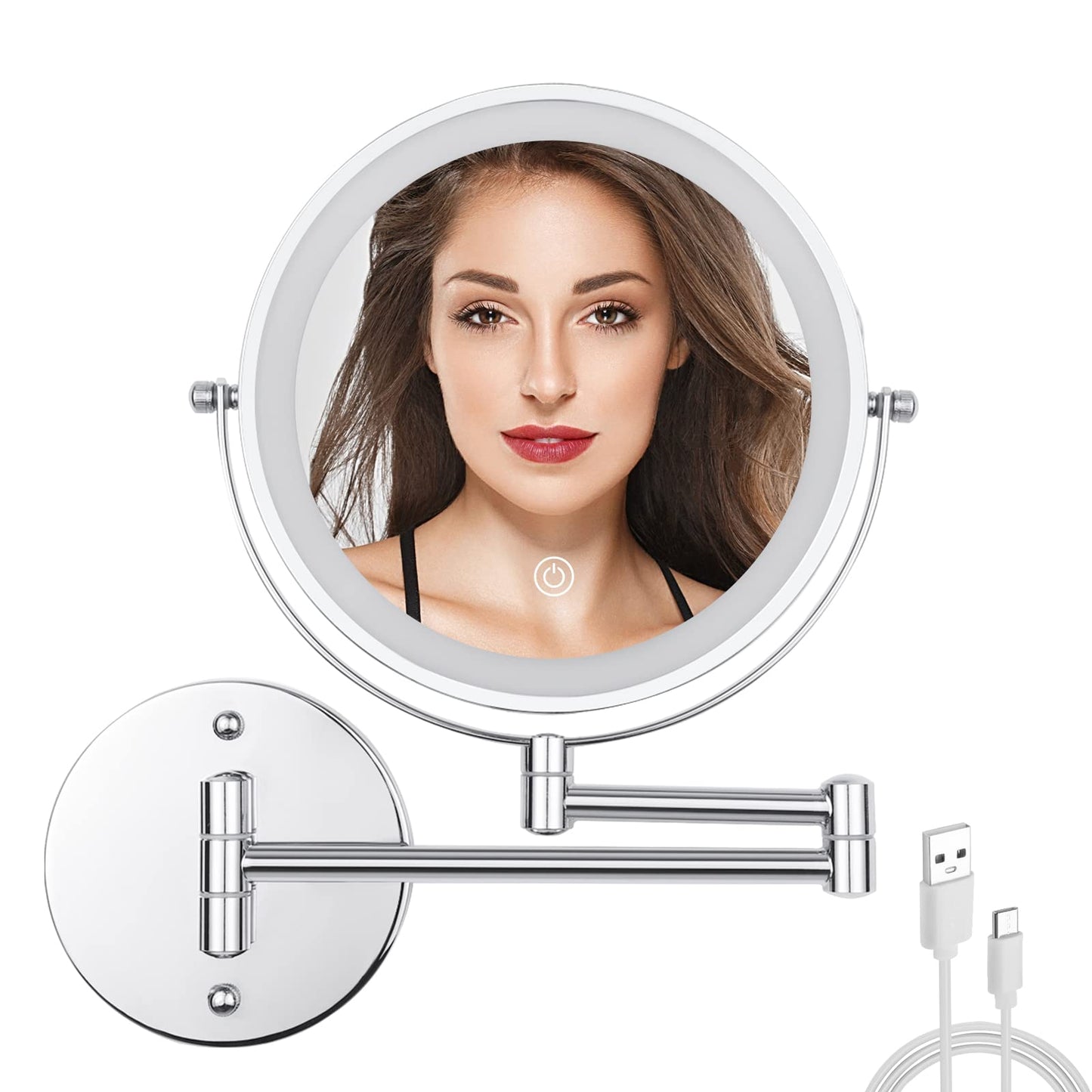 FFowcye Wall Mounted Makeup Vanity Mirror with Lights, 8” Double Sided 1X/10X Wall Mount Magnifying Bathroom Shaving Mirror with 3 Color Lights, Rechargeable Touch Dimmable Extendable Cosmetic Mirror