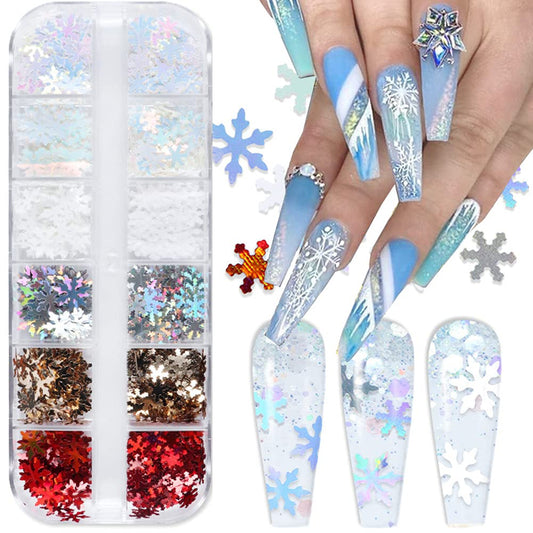 Holographic Snowflake Nail Sequins,3D Snow Flakes Laser Nail Glitter Snowflake Sticker Decals for Acrylic Nails Decorations DIY Christmas Snow Winter Accessories Decals for Women (1 box/12 Grids)