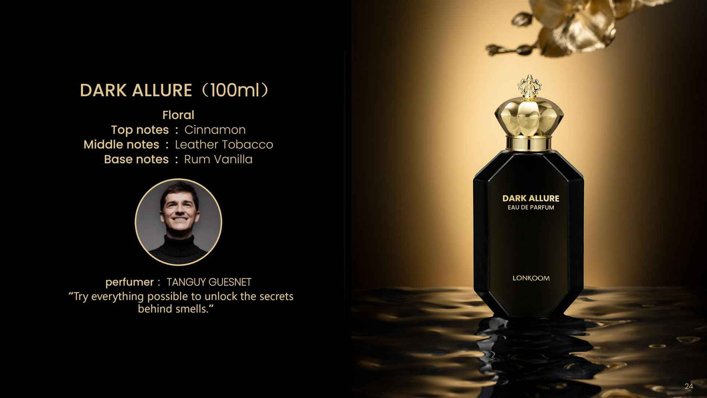 Lonkoom Dark Allure Perfume for Men, 3.4 Fl Oz/100ml Eau de Parfum Spray Long-Lasting Fragrance, Leather Notes of Cinnamon, Leather, Tobacco, Rum, Vanilla