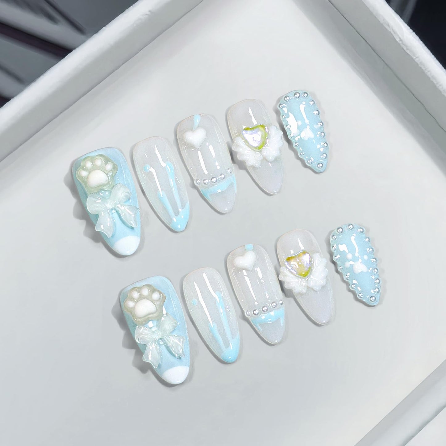 TENPAL Sky Blue Cute Press on Nails Almond Full Cover Fake Nails With 3D Charms Bow Pearls Love Designs Short Almond Nails 10pcs/Box Handmade Sweet Cool Nails Press ons For Women Girls(S)