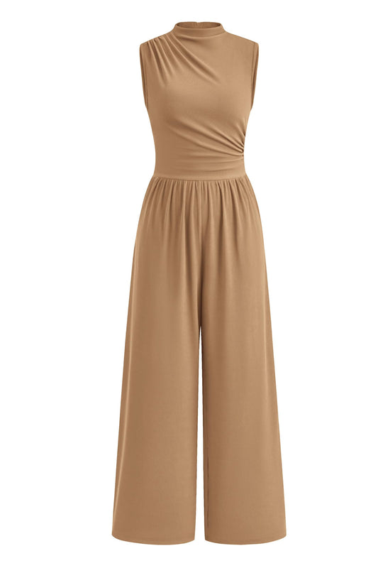 PRETTYGARDEN Womens Summer Jumpsuits Dressy Casual One Piece Outfits Sleeveless Mock Neck Wide Leg Pants Rompers with Pockets (Style2-Camel,Small)