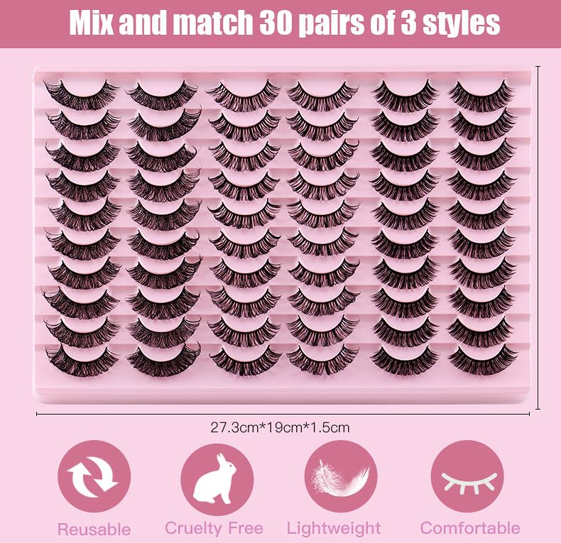 Molliho False Eyelashes - Natural Wispy Lashes, 30 Pairs