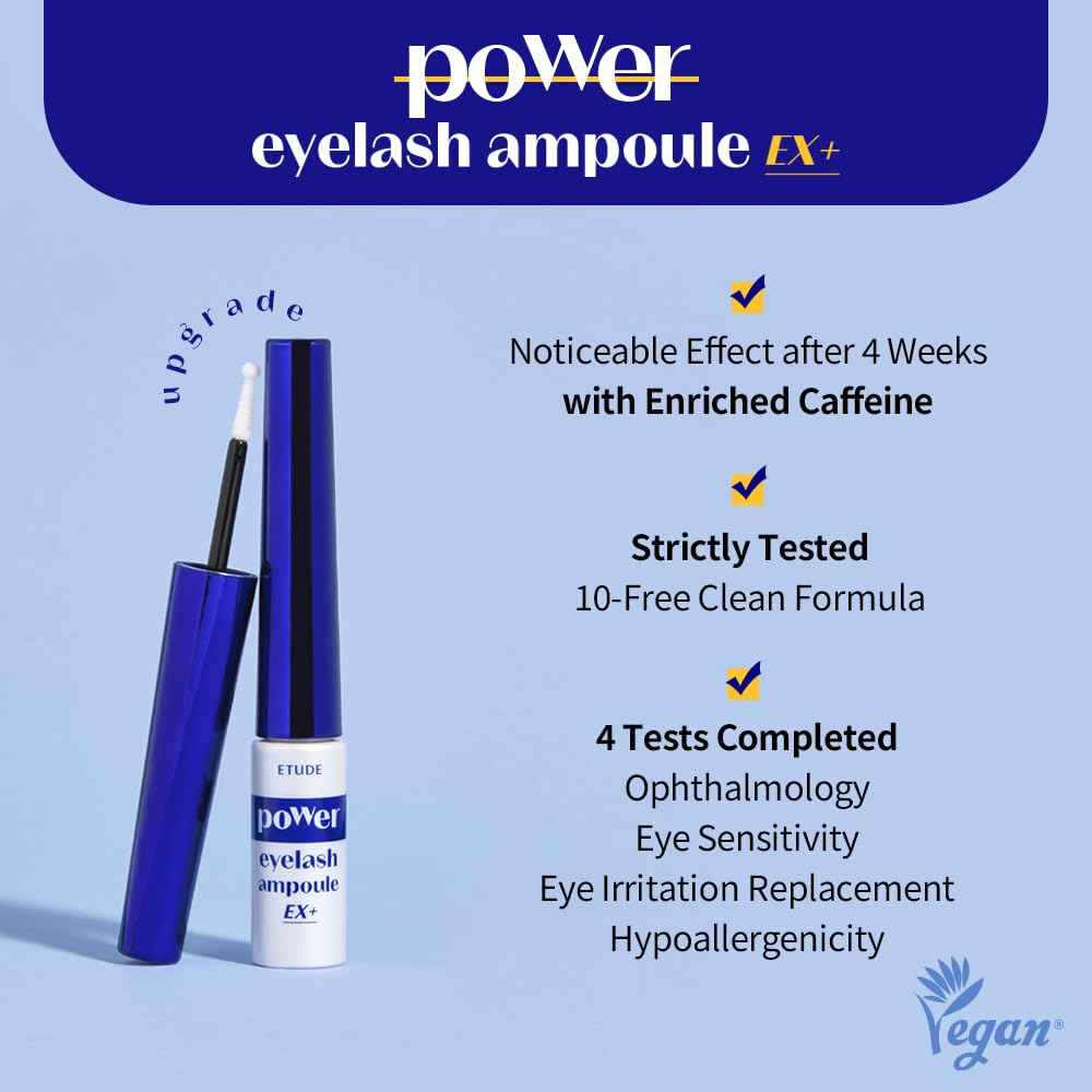 ETUDE Power Eyelash Ampoule 1+1 Set, Lash and Brow Treatment, Caffeine-Infused, Ultra Slim Tip, Lash Booster, Korean Makeup, Beauty (1.31 Fl Oz)