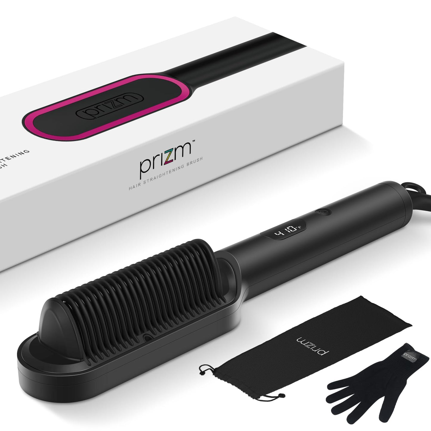 Prizm Hair Straightener Brush, 20s Fast Heating, Negative Ions Hair Straightening Comb with Less Frizz, 4 Temp Settings & LED Display, Anti-Scald Design, Gift for Women, Dual Voltage, Black