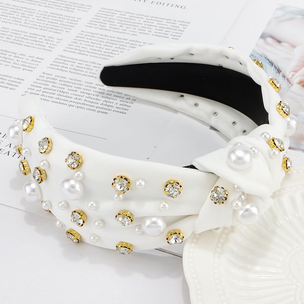 Atoden White Wide Top Knot Headband with Pearl Rhinestone for Women's Hair Embellished Headbands Sparkly Hair Bands