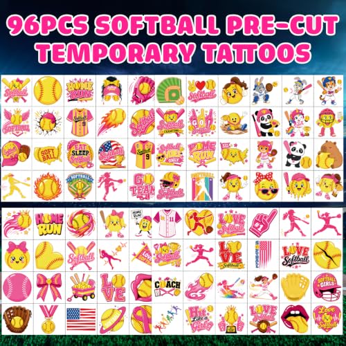 96 Softball Temporary Tattoos for Kids - Waterproof