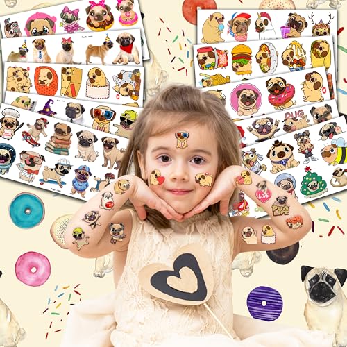 96PCS Pug Dog Temporary Tattoos Themed Pets Puppy Birthday Party Decorations Supplies Favors Decor Little Frech Bulldog Animal Tattoo Stickers Gifts For Kids Boys Girls Adults School Prizes Carnival