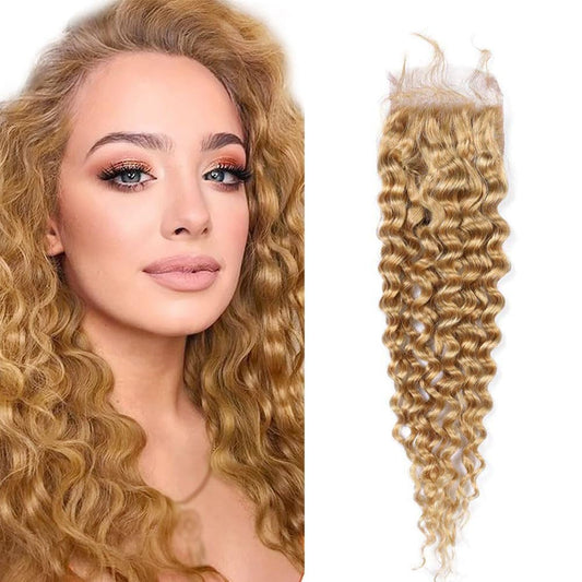 Honey Blonde Closure Transparent Lace 4X4 Lace Front Closure Curly Wave #27 Lace Closure Pre Plucked With Baby Hair Raw Remy Human Hair Brazilian Virgin Hair 12 Inch