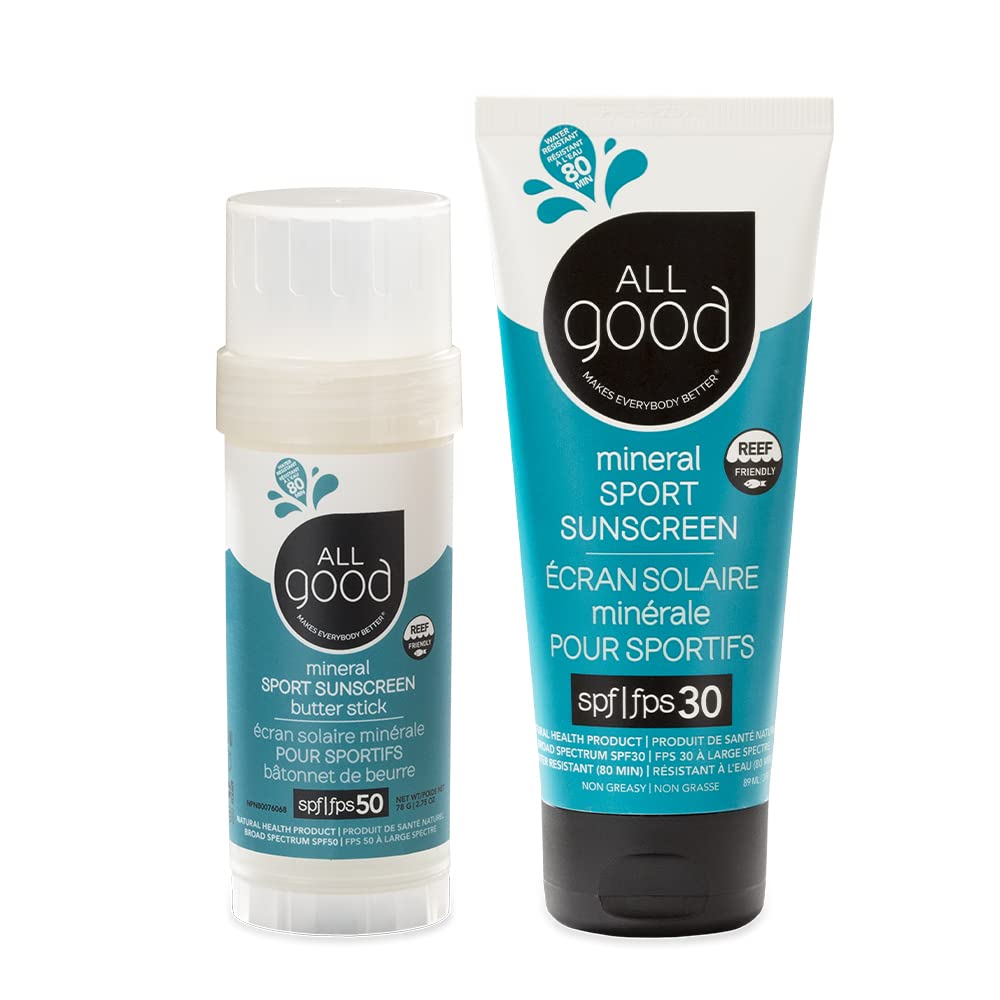 All Good Sport Mineral Face & Body Sunscreen - UVA/UVB Broad Spectrum, Water Resistant, Coral Reef Friendly, Gluten-Free - SPF 50 Butter Stick & SPF 30 Lotion