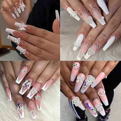 106 Pcs Nail Charms and Gems Silver Nail Charms Nail Rhinestones for Nails Design 3D Butterfly, Bow, Star,Cherry,Cross,Dollar,Heart Shapes for Acrylic Nails (19 Styles)