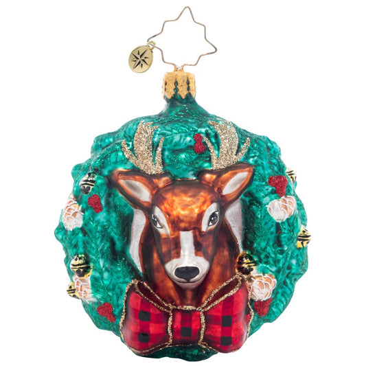 Christopher Radko Hand-Crafted European Glass Christmas Tree Decorative Ornament, Rustic Reindeer Wreath Gem