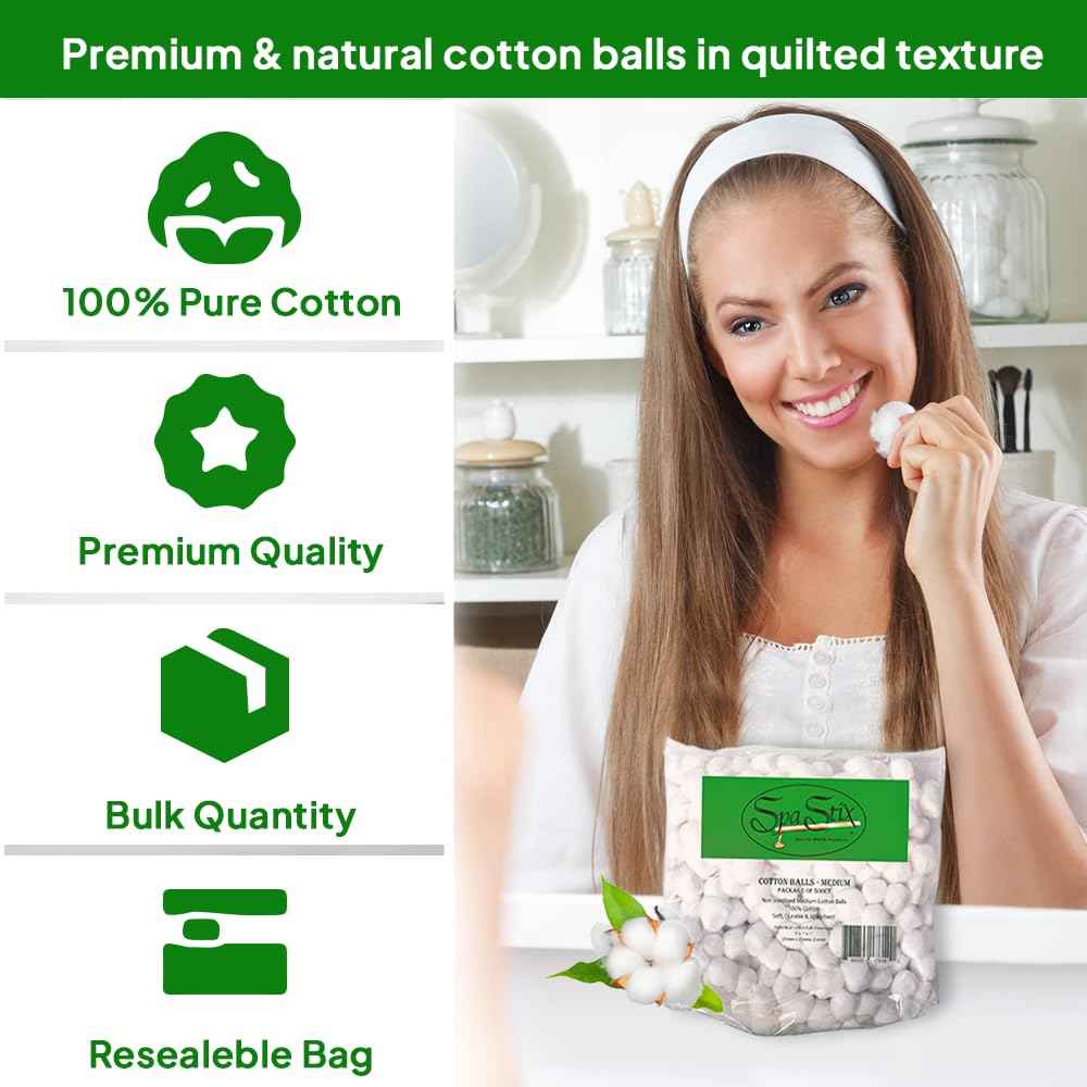 Spa Stix Cotton Balls. 500 Count Medium Size. Non Sterile Super Soft.,White