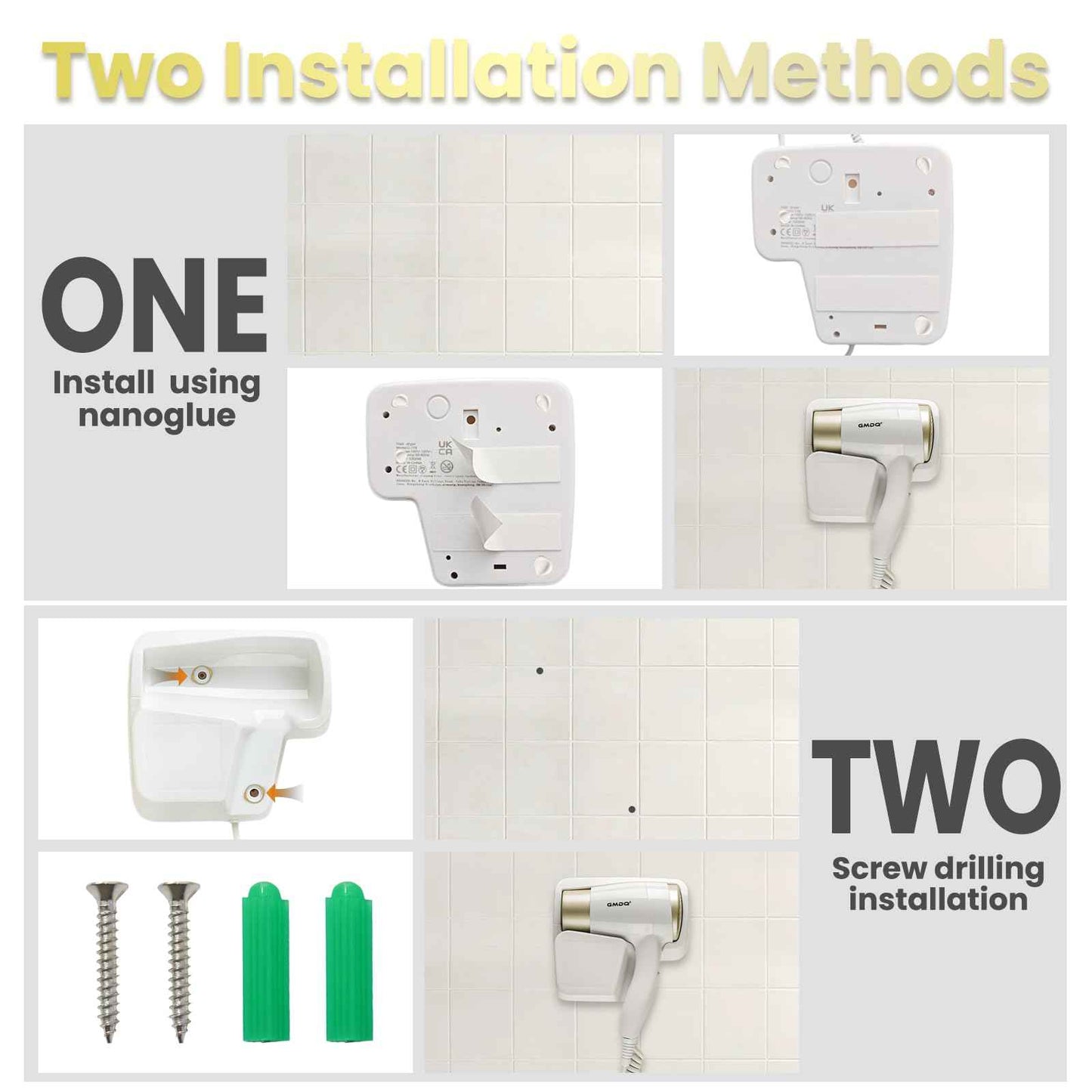 Wall Mounted Hair Dryer for Bathroom - 110V Professional Blow Dryer with Fast Drying Salon Motor, Heavy Duty Wall Mount Hairdryer with Stand Rack, Includes Screws+Adhesive